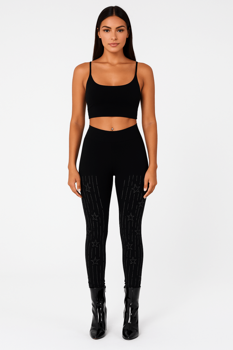Leggings high waisted stretch rhinestone star detail black - Urbann-Vibe