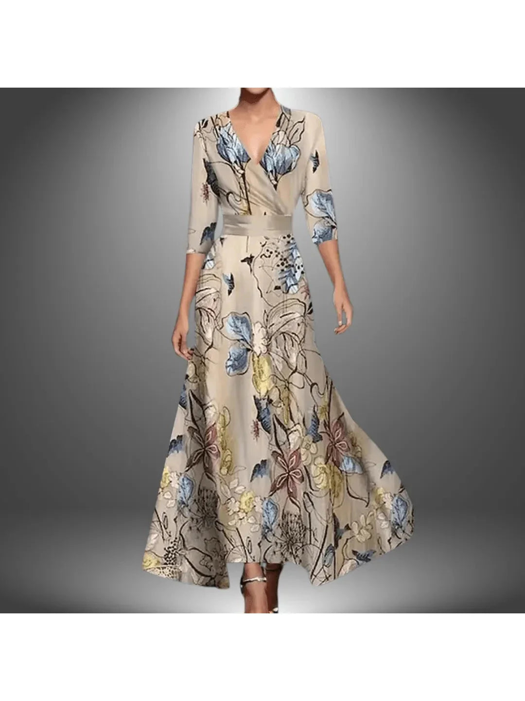 Women's printed wrap maxi dress flattering waist-cinching silhouette effortless chic floral pattern