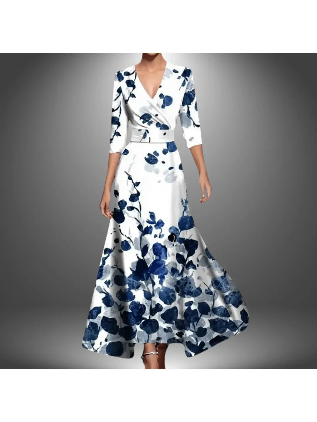 Floral printed wrap maxi dress with cinched waist, flowing silhouette, and effortless chic style