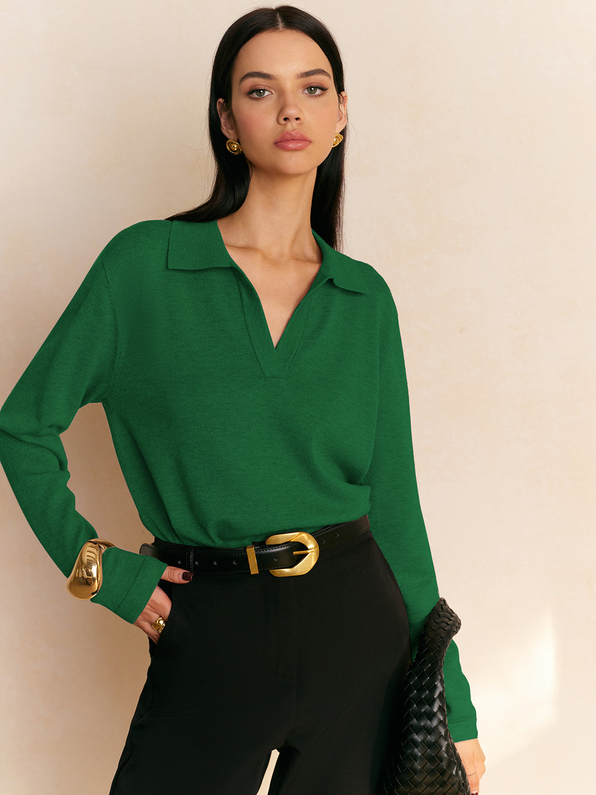 Women's collared pullover sweater in soft viscose knit blend, casual elegant style with high-stretch comfort fit
