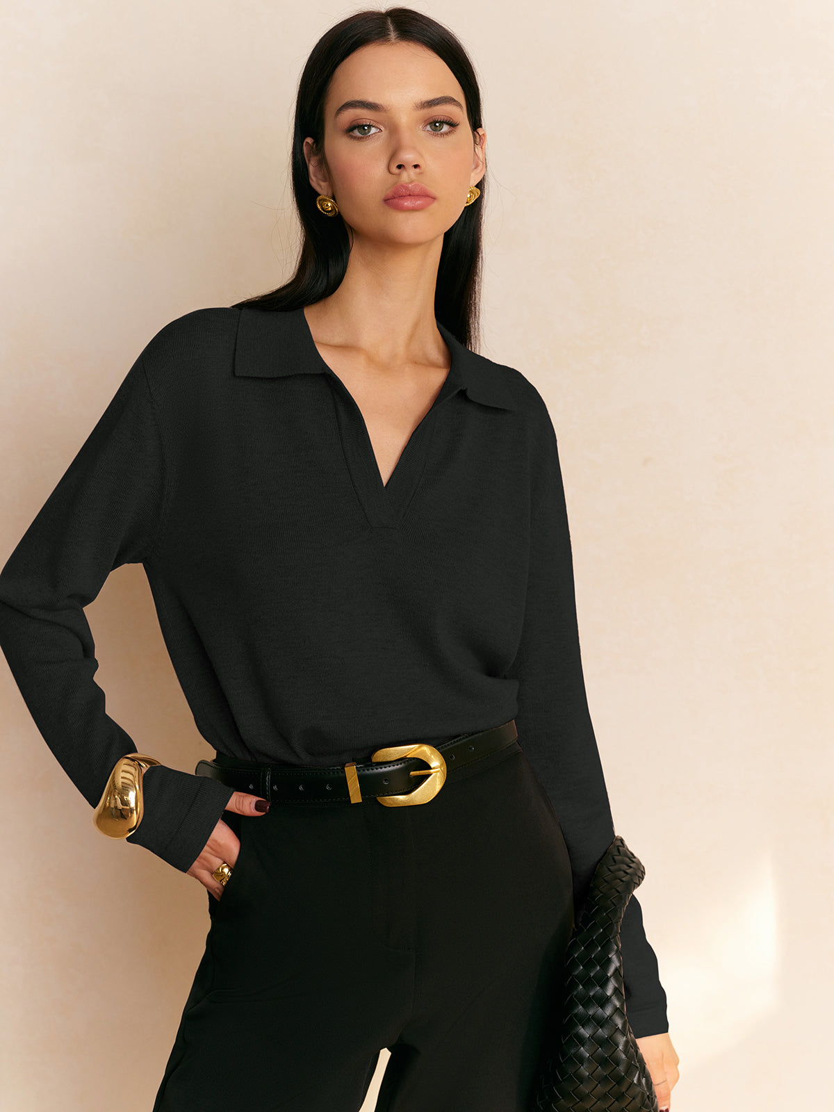 Women's collared pullover sweater in soft stretch knit, casual elegant style with viscose blend fabric