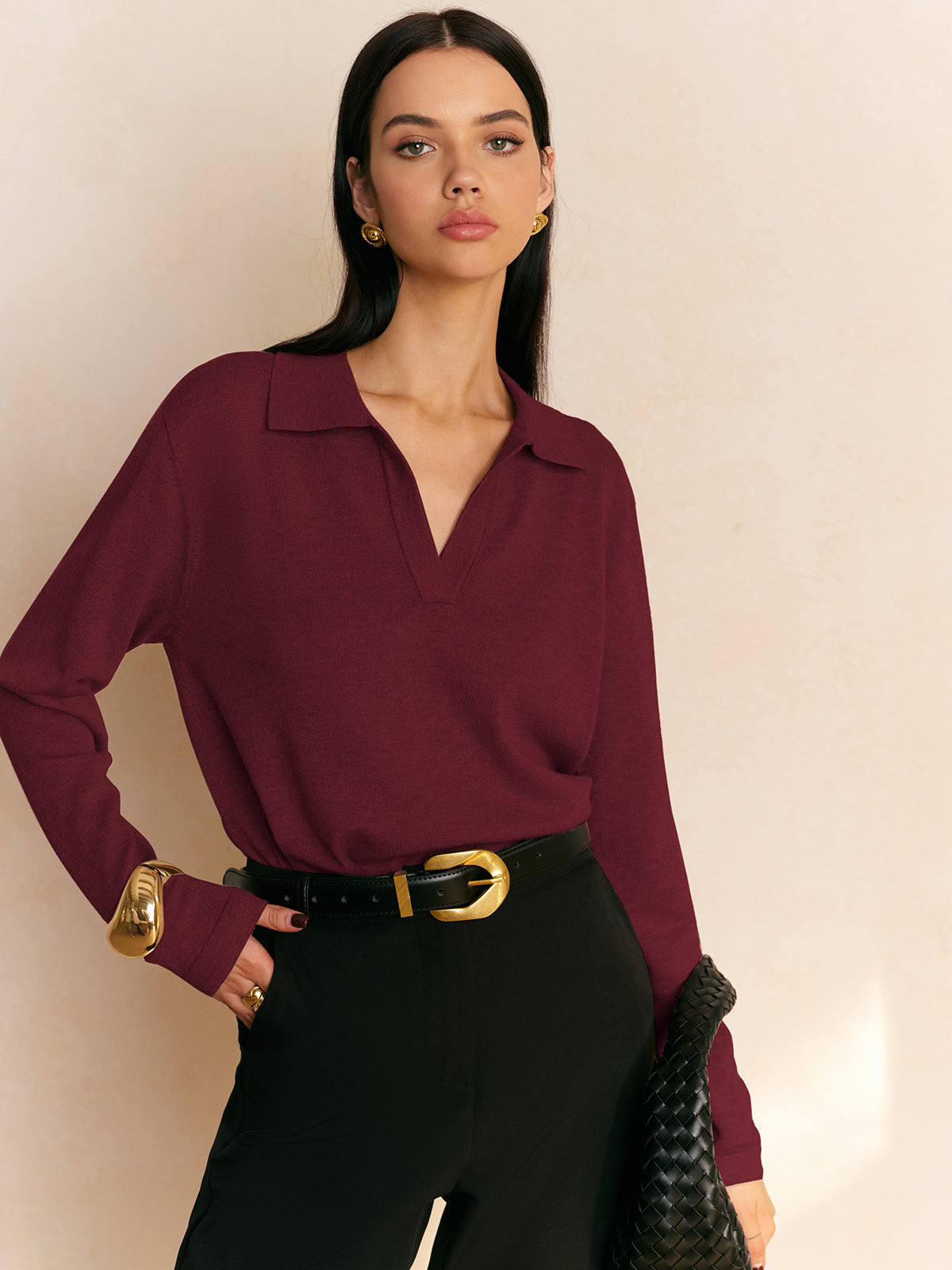 Women's collared pullover sweater soft viscose blend high-stretch knit plain casual elegant thick