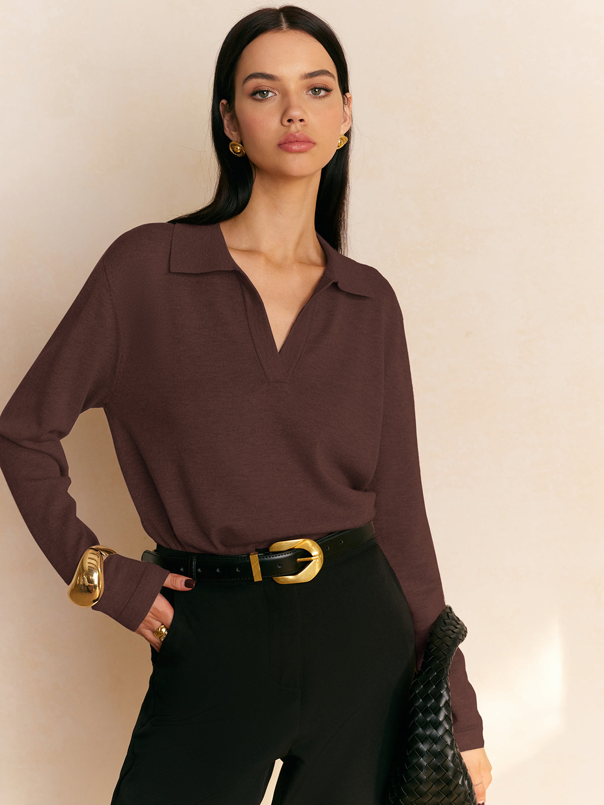 Women's collared pullover sweater in soft stretch knit, casual elegant plain design with all-day comfort fit