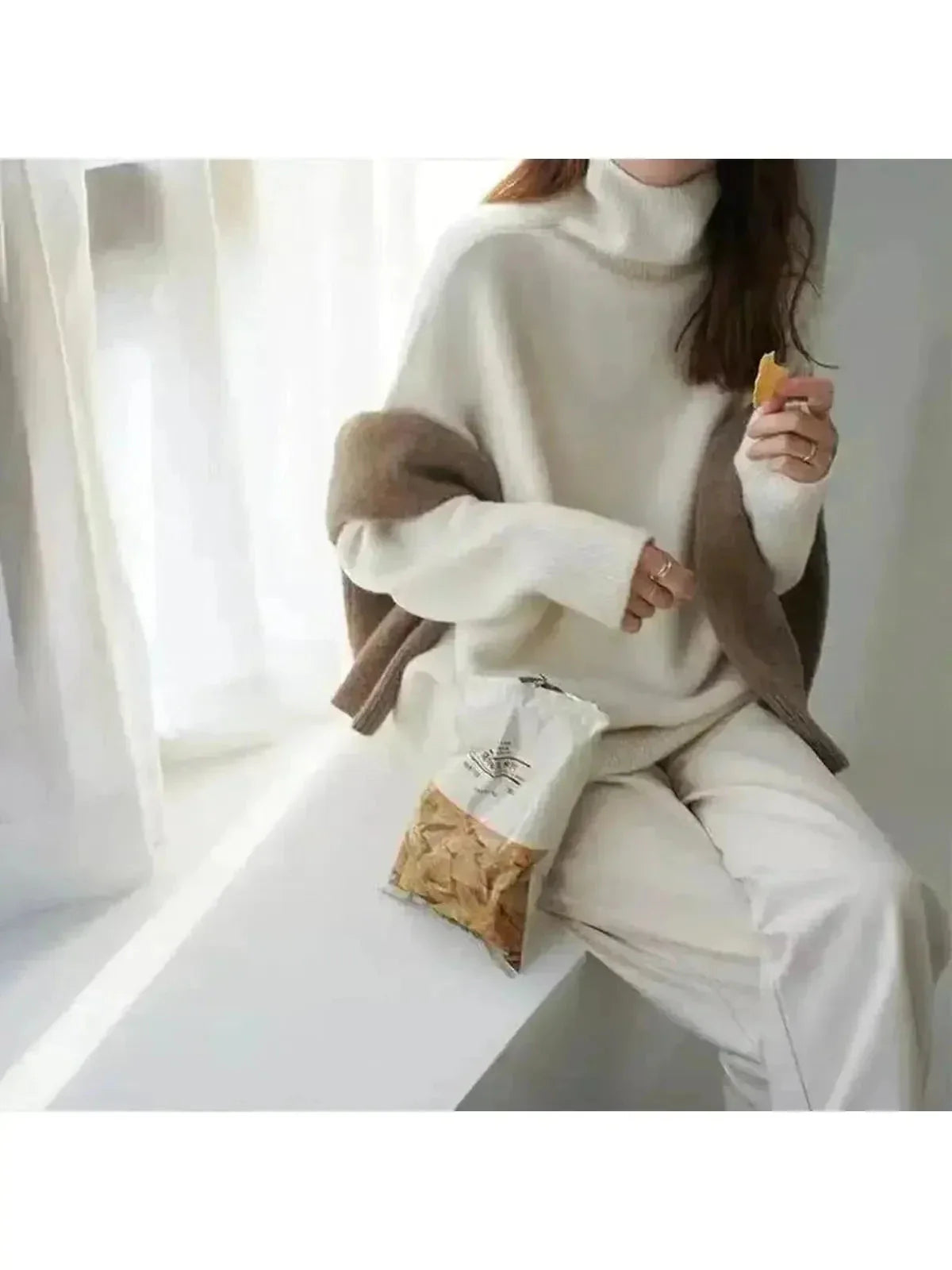 Women's beige premium knit turtleneck sweater classic cozy fit with refined detailing for everyday style