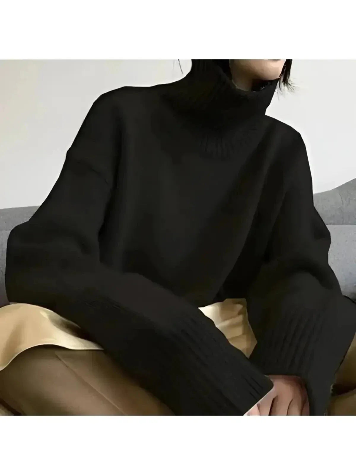 Women's beige premium knit turtleneck sweater with classic cozy fit and timeless everyday style