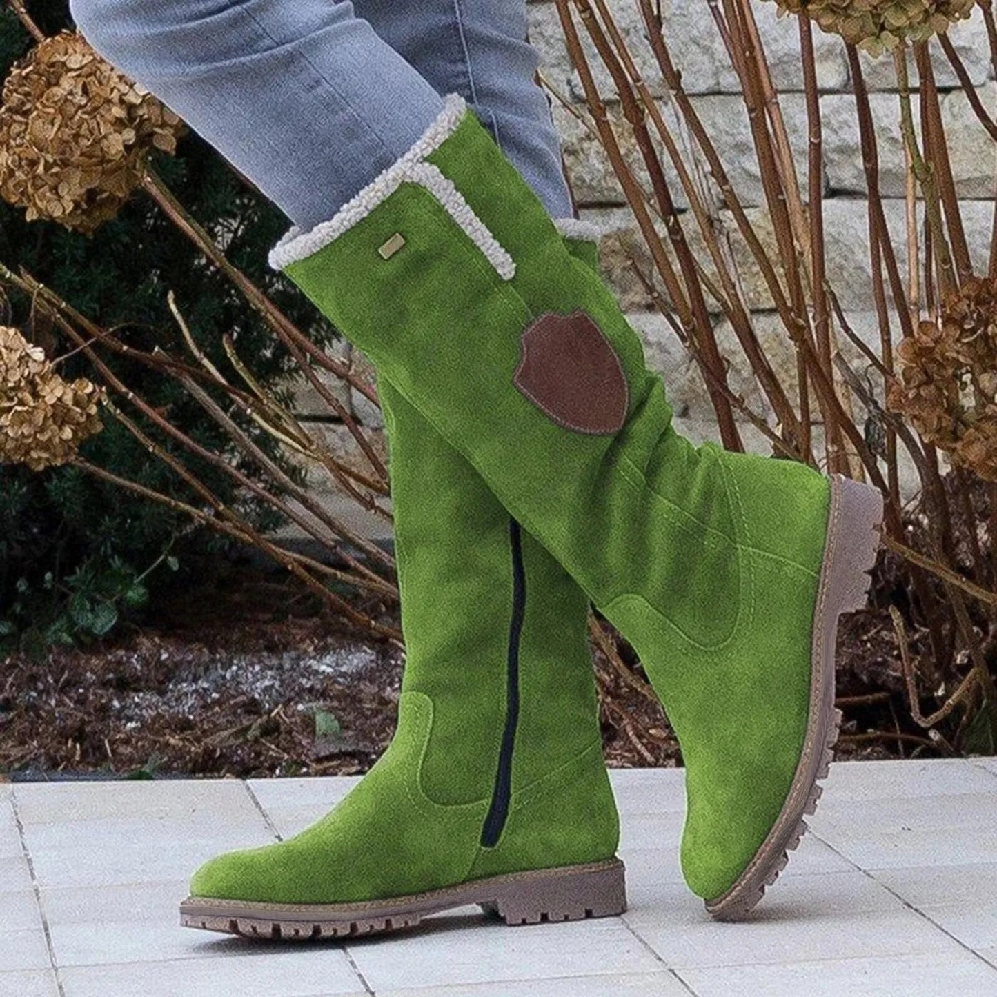 Women's lined winter boots warm textile upper decorative patch accent cozy everyday cold weather style