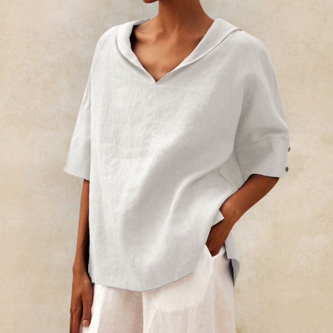 Women's beige blended linen blouse, relaxed fit V-neck with lightweight breathable fabric for everyday elegance