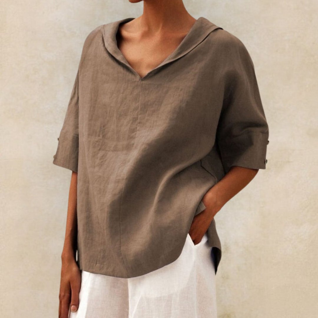 Women's blended linen blouse V-neck relaxed fit lightweight breathable everyday elegant style