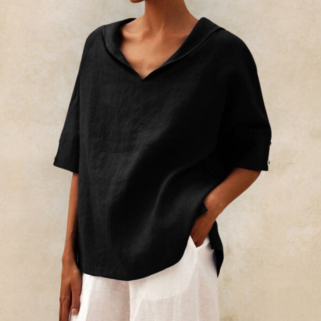 Women's blended linen blouse, relaxed fit V-neck, lightweight breathable everyday elegant style