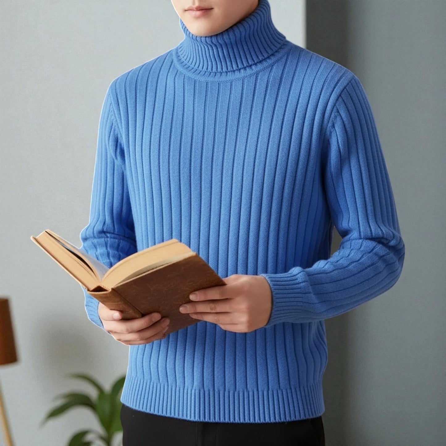 Men's gray cotton turtleneck sweater with textured knit pattern, slim fit, premium warmth for winter