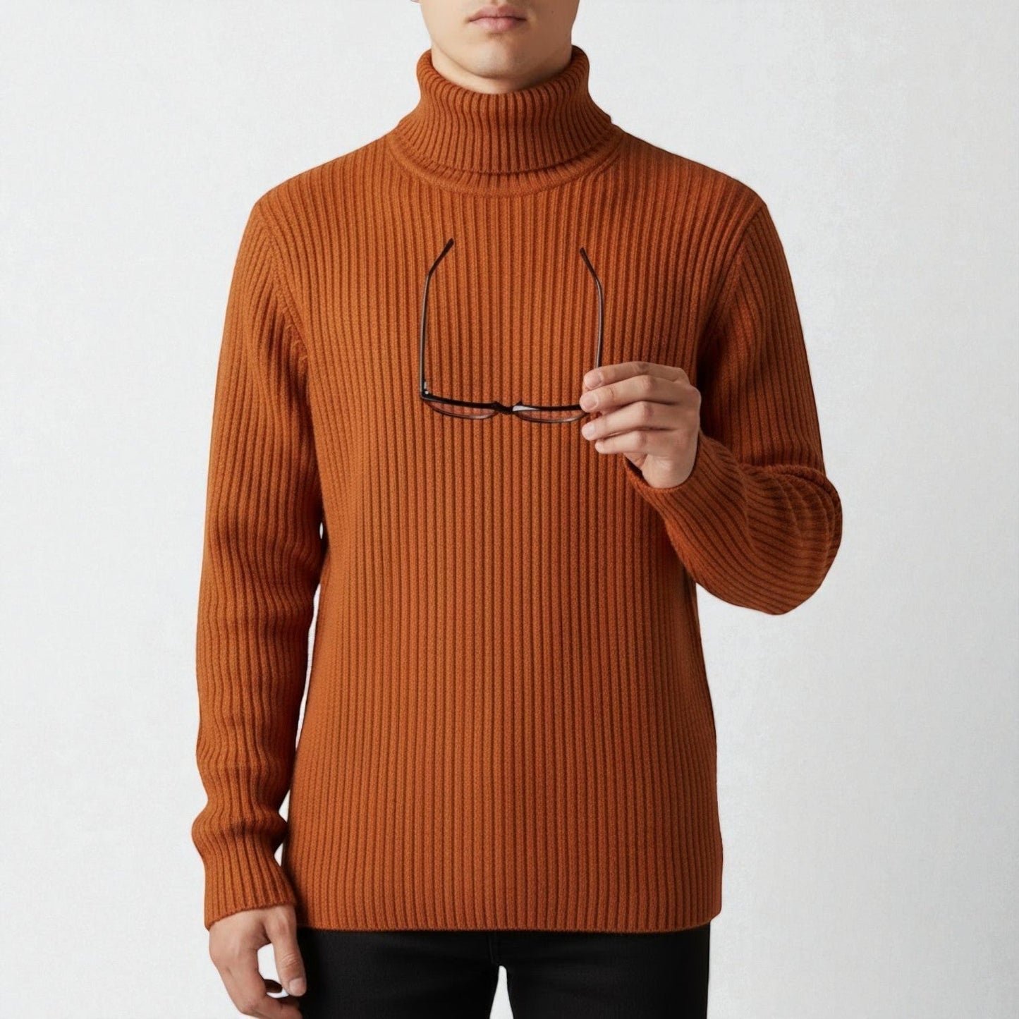 Men's cream cotton turtleneck sweater with textured knit pattern, slim fit, premium cold-weather warmth