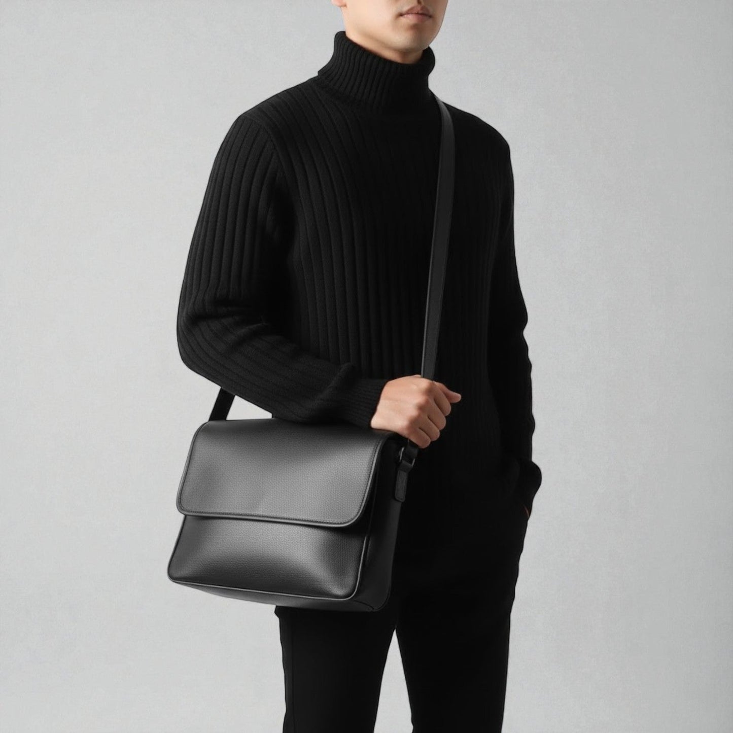 Men's dark cotton turtleneck sweater with textured knit pattern, slim fit, premium warmth