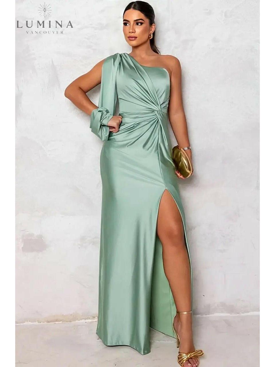 Lenoir elegant one-shoulder women's dress flowing drape side slit lustrous special occasion gown