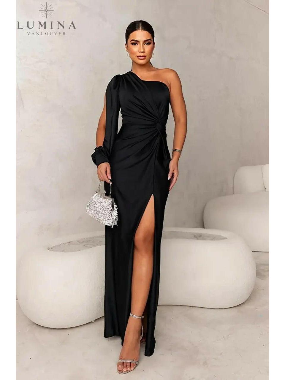 Lenoir elegant women's one-shoulder maxi dress flowing drape side slit lustrous finish special occasions