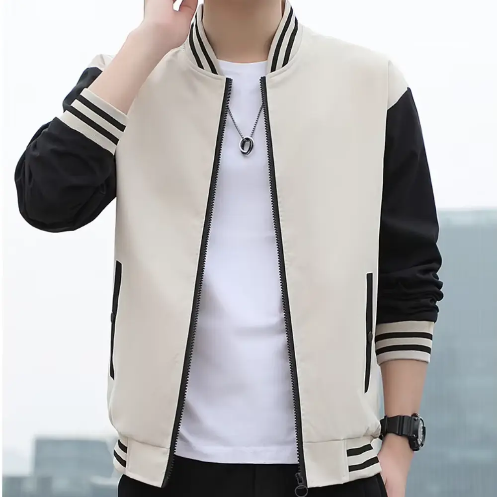 Men's bold striped varsity jacket with baseball collar, spliced color-block panels and elastic cuffs