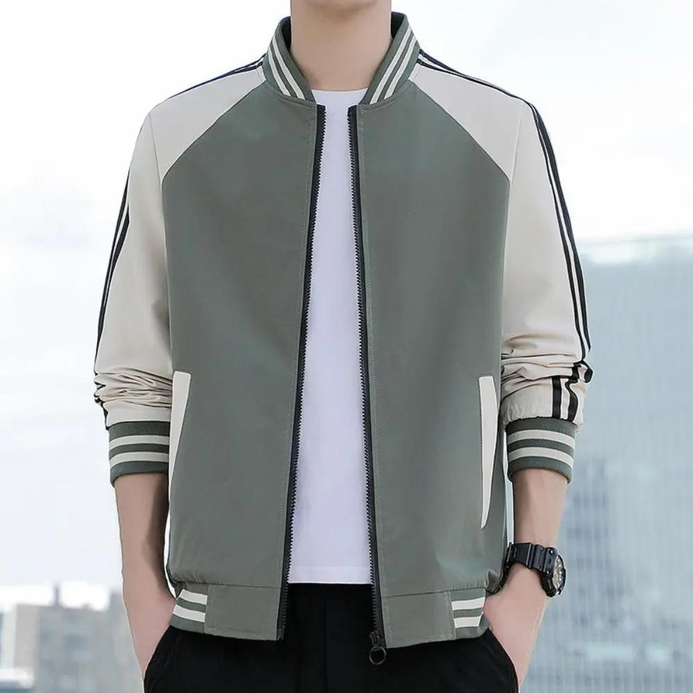Men's striped varsity jacket bold splicing design baseball collar elastic cuffs streetwear style