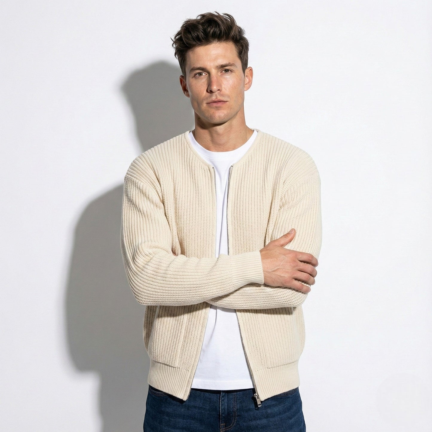 Men's thick ribbed knit cardigan in neutral tone, turtleneck collar, raglan sleeves, cotton-blend comfort fit