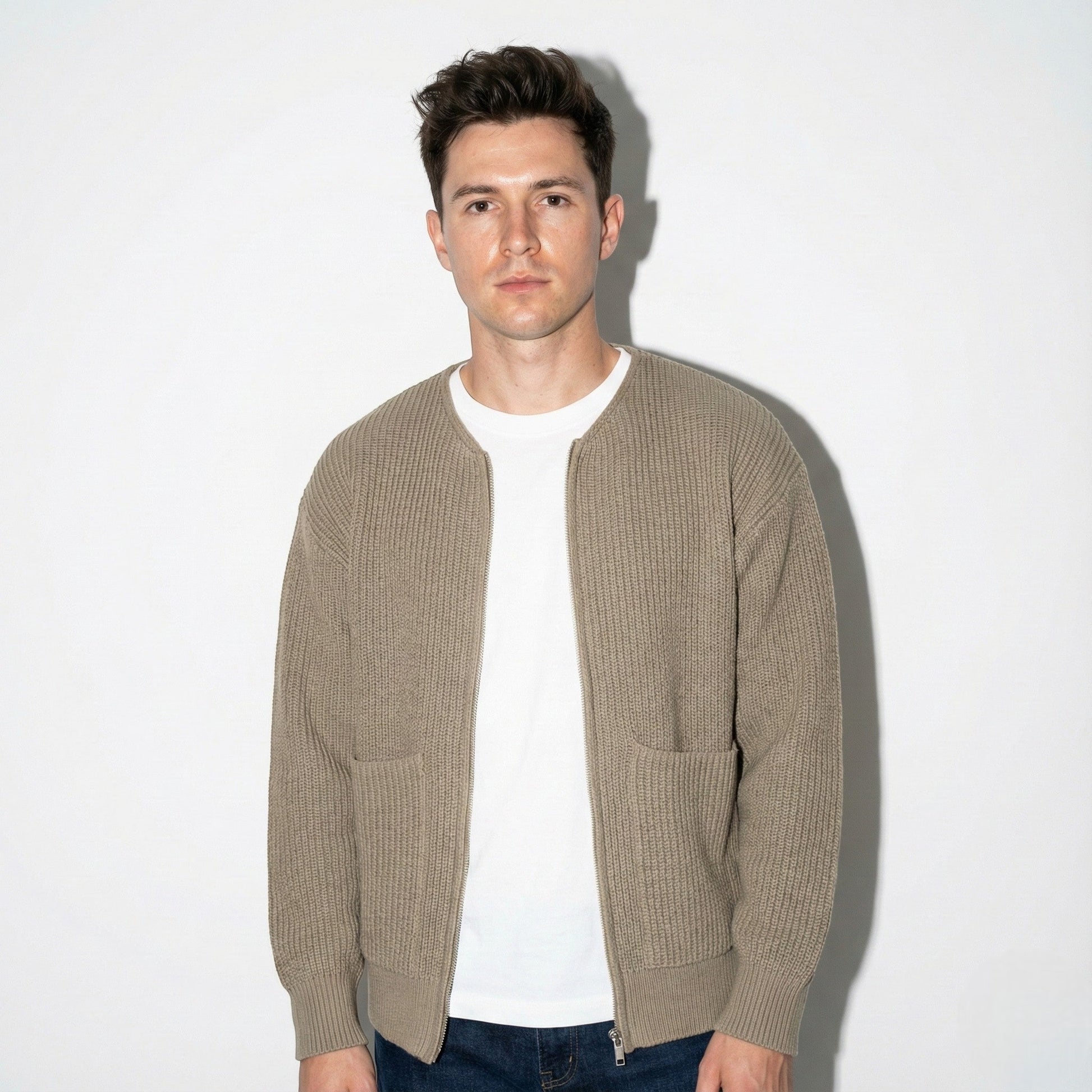 Men's thick ribbed knit cardigan turtleneck raglan sleeves cotton-blend cozy everyday style