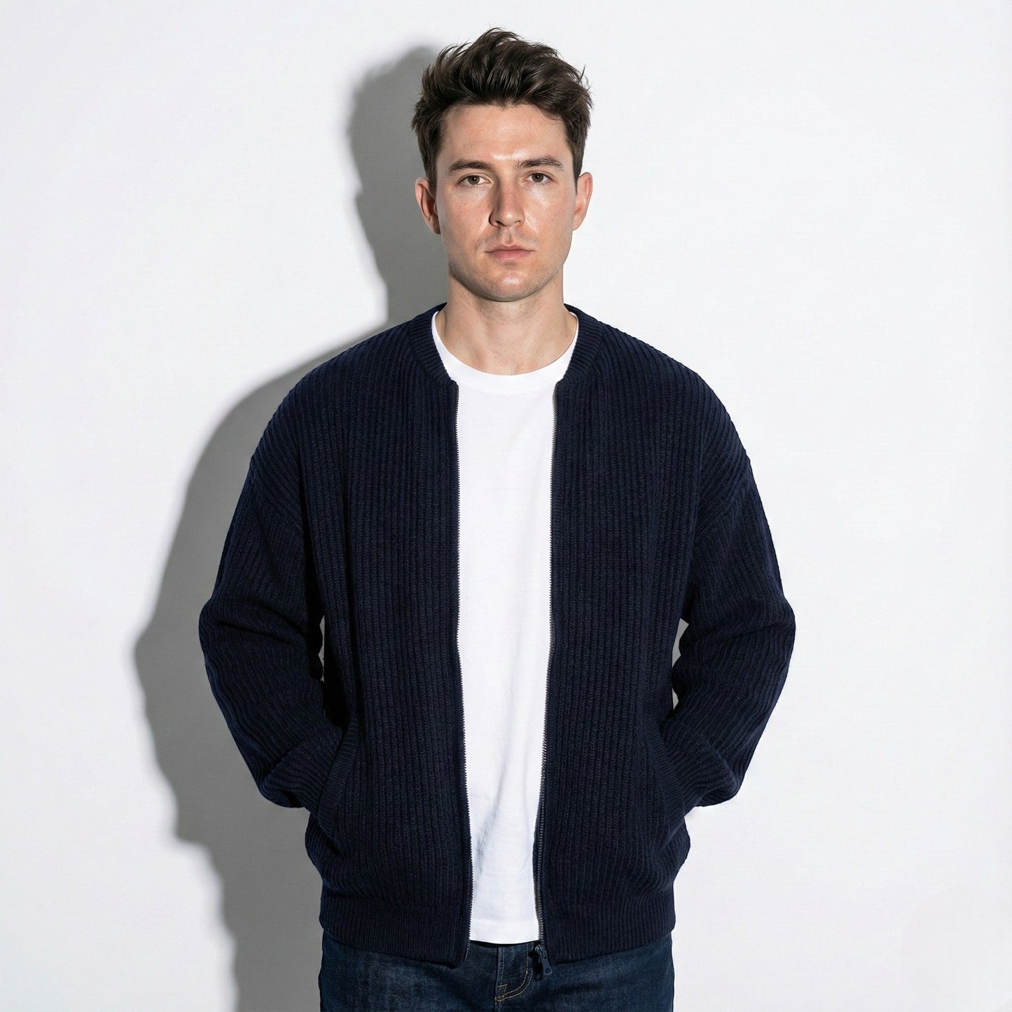 Men's thick ribbed knit cardigan in neutral tones, turtleneck collar, raglan sleeves, cotton-blend comfort fit