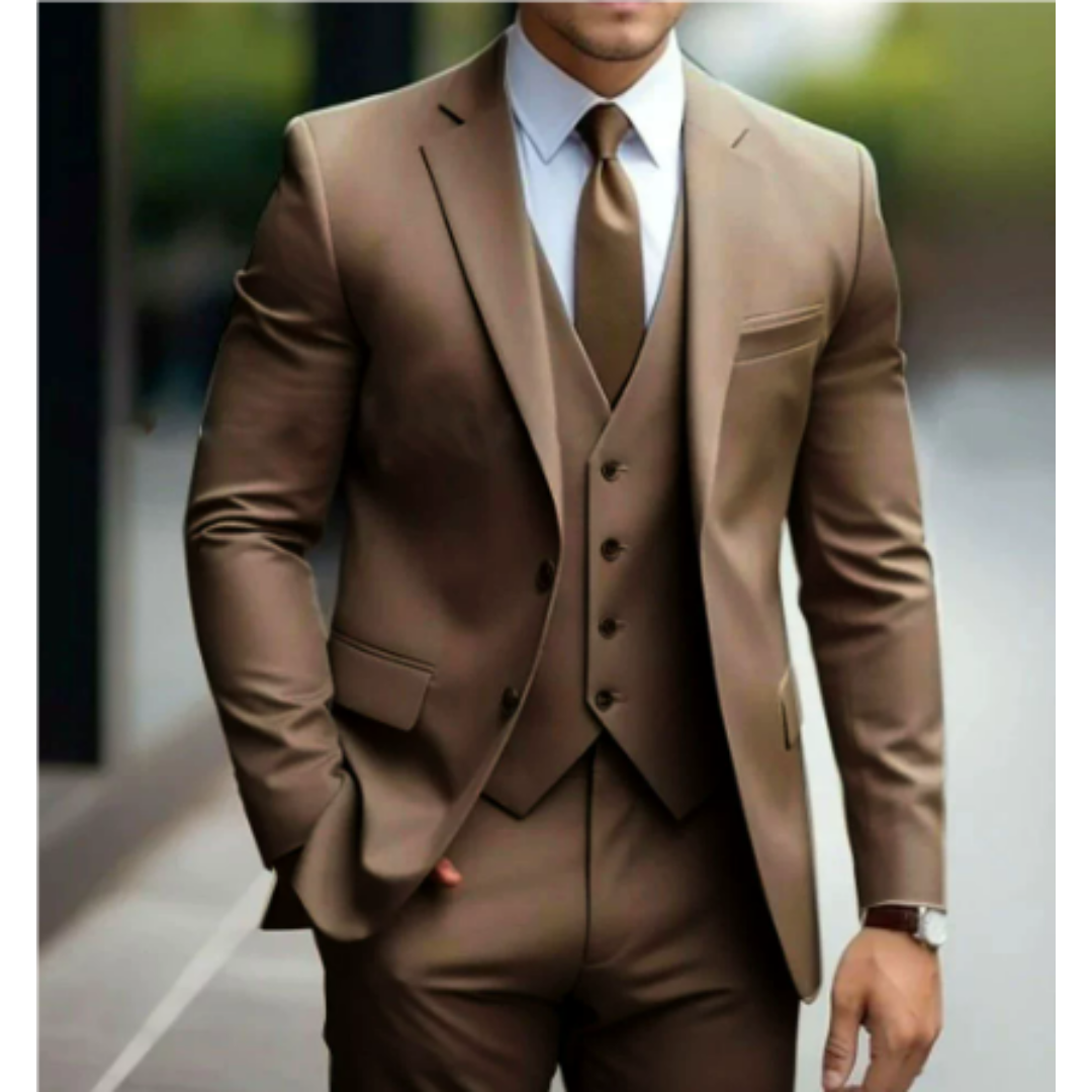 Men's charcoal three-piece suit two-button jacket vest trousers modern slim fit formal wedding business