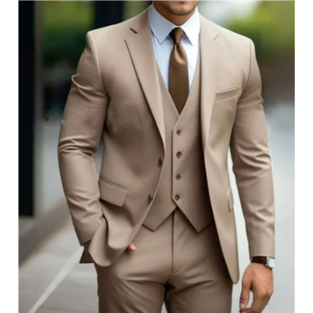 Men's charcoal three-piece suit two-button jacket vest trousers modern slim fit formal wedding business