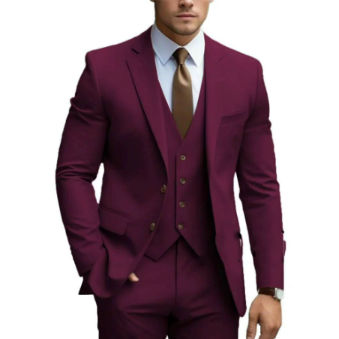 Men's charcoal three-piece suit two-button jacket vest trousers slim modern cut formal wedding business
