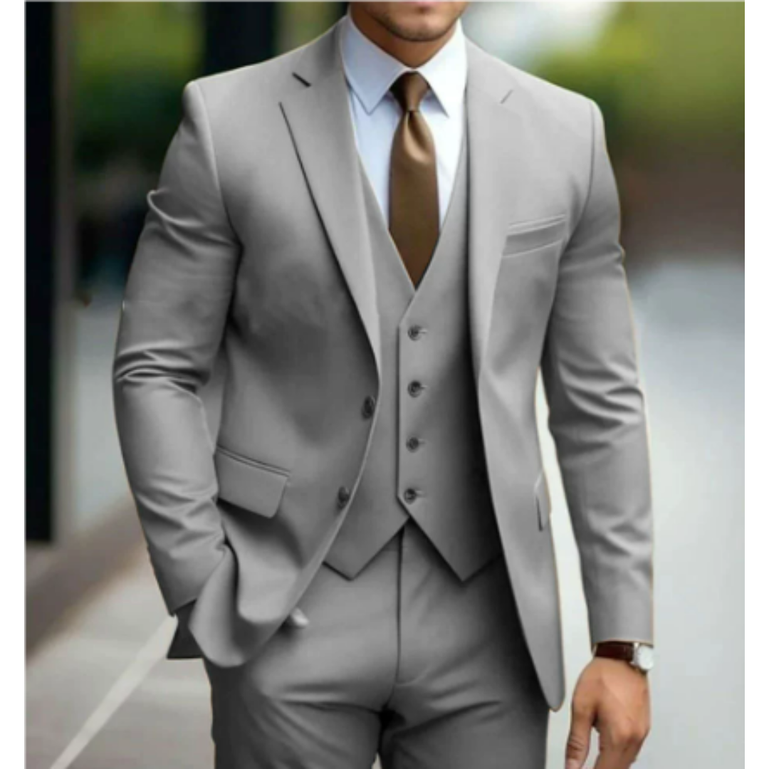 Men's charcoal three-piece suit two-button jacket vest trousers modern slim fit formal wedding business