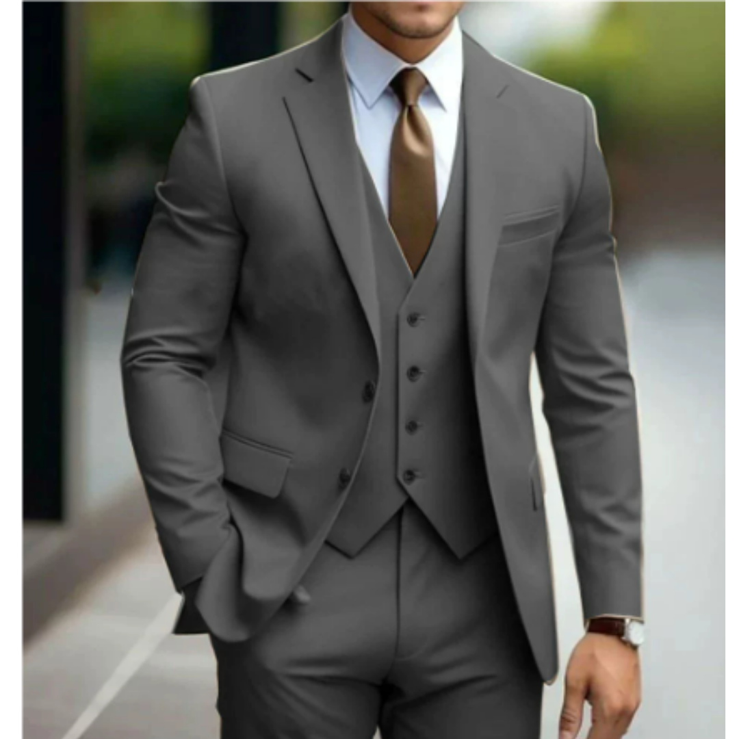 Men's charcoal three-piece suit two-button jacket vest trousers modern slim fit formal wedding business