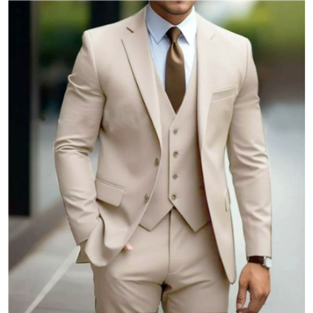 Men's charcoal three-piece suit two-button jacket vest trousers modern slim fit formal wedding business