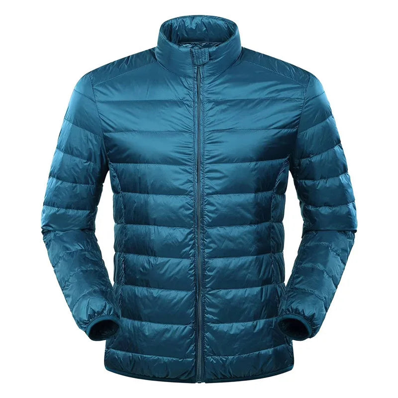 Men's ultra-light navy down jacket windproof full-zip stand collar cold weather outdoor wear