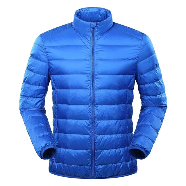 Men's ultra-light down jacket navy blue slim fit windproof full-zip cold weather outdoor wear