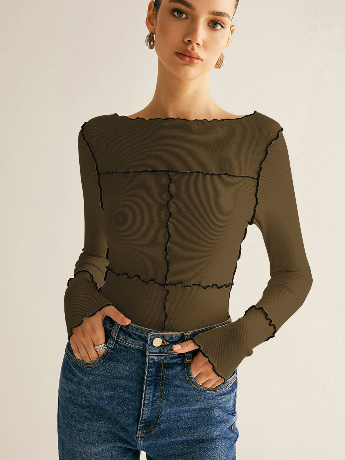 Women's slim ribbed long sleeve t-shirt in neutral tone with lettuce trim edge, high-stretch casual workwear