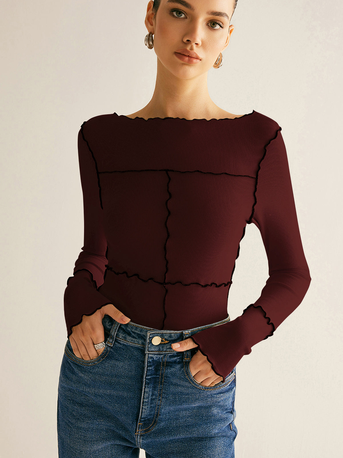 Women's ribbed knit slim long sleeve tee in neutral tone with lettuce trim edge, soft stretch casual fit