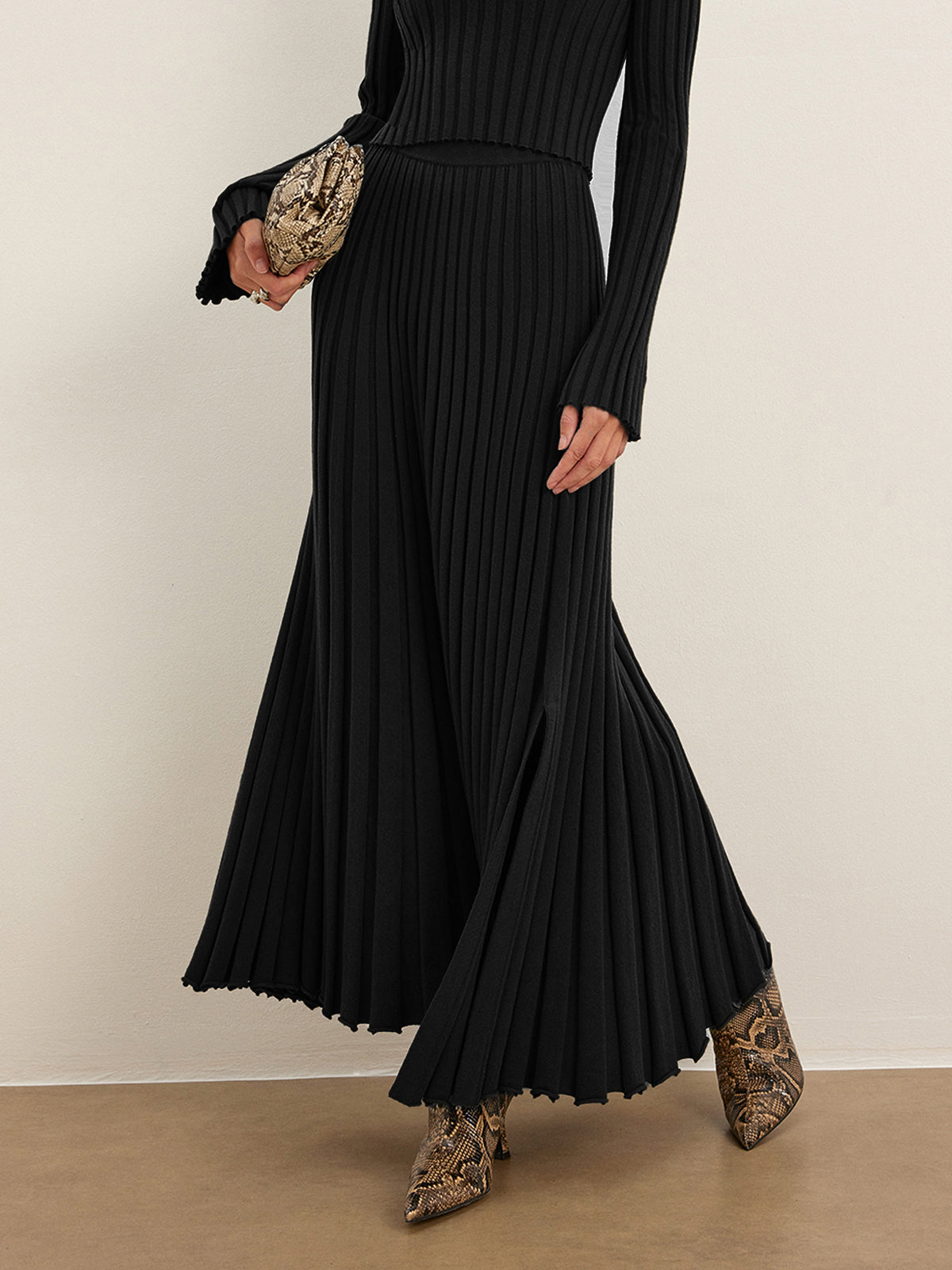 Women's gray pleated knit midi skirt with lettuce-edge trim, high-stretch casual sweater style