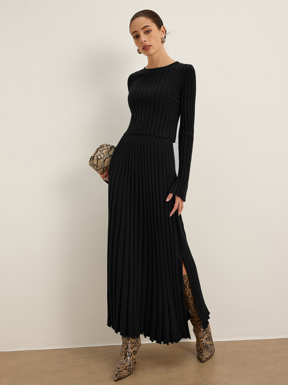 Women's ribbed crop sweater with lettuce trim, high-stretch knit, pleated detail, casual style