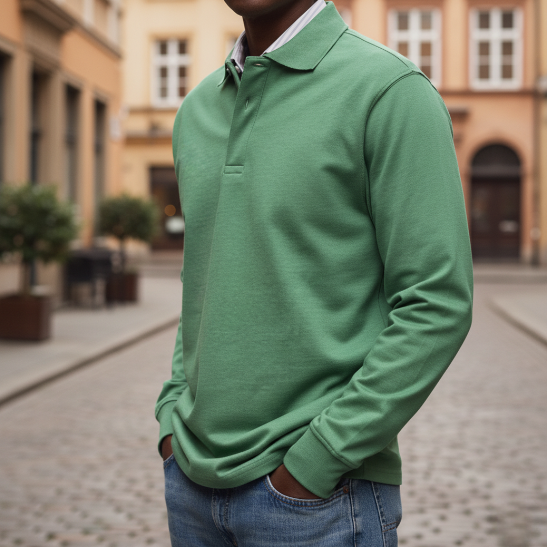 Men's long sleeve polo shirt button collar soft fabric comfortable fit for cooler days
