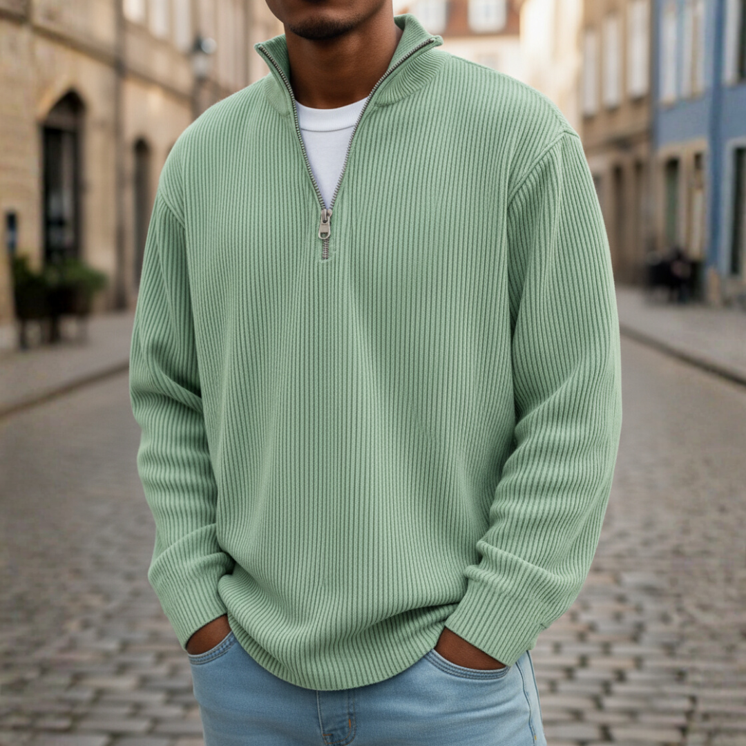 Men's high neck zip knit sweater soft ribbed casual comfort fit for everyday autumn winter wear
