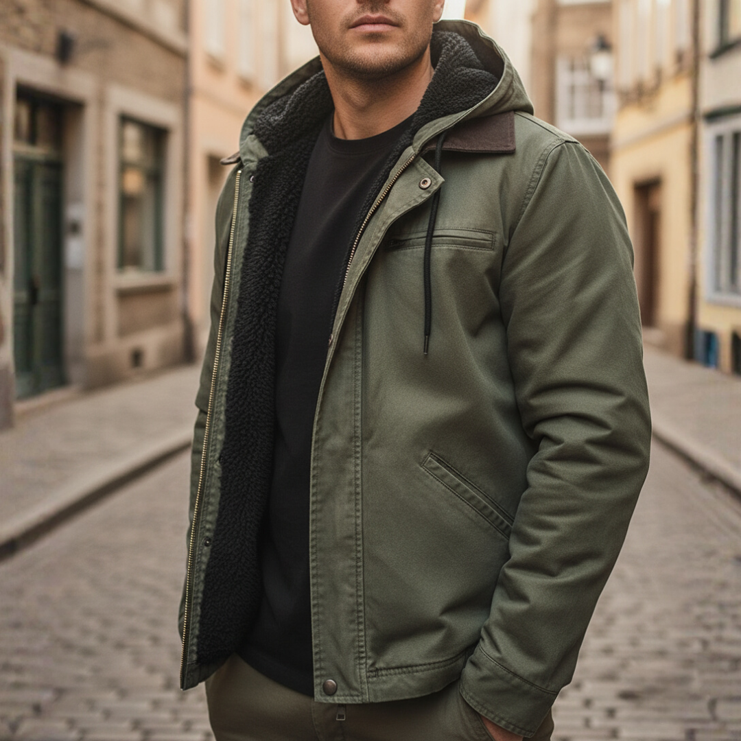 Men's winter jacket with soft fur lining, durable cold-weather fabric, versatile casual outdoor style
