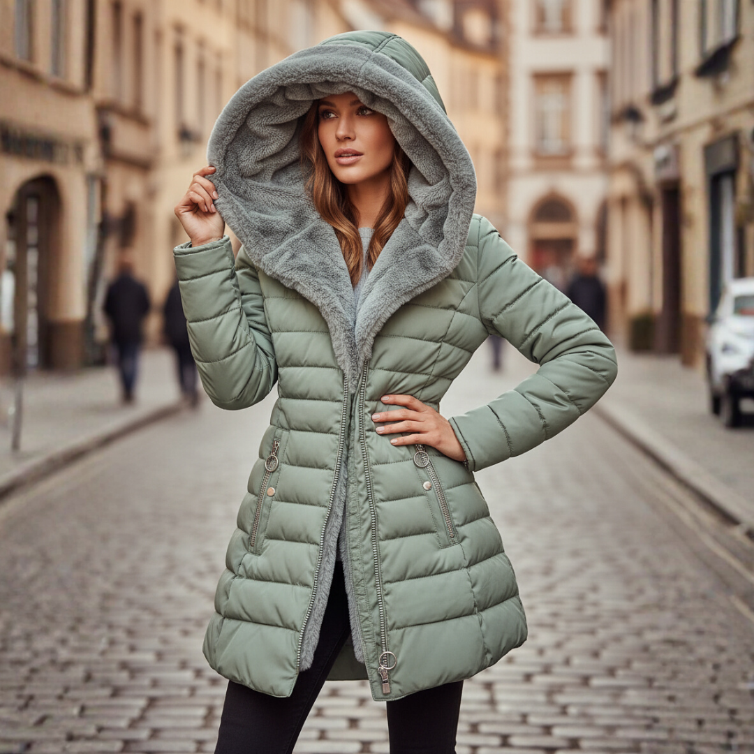Women's black waterproof long down jacket with fur-trimmed hood for winter warmth
