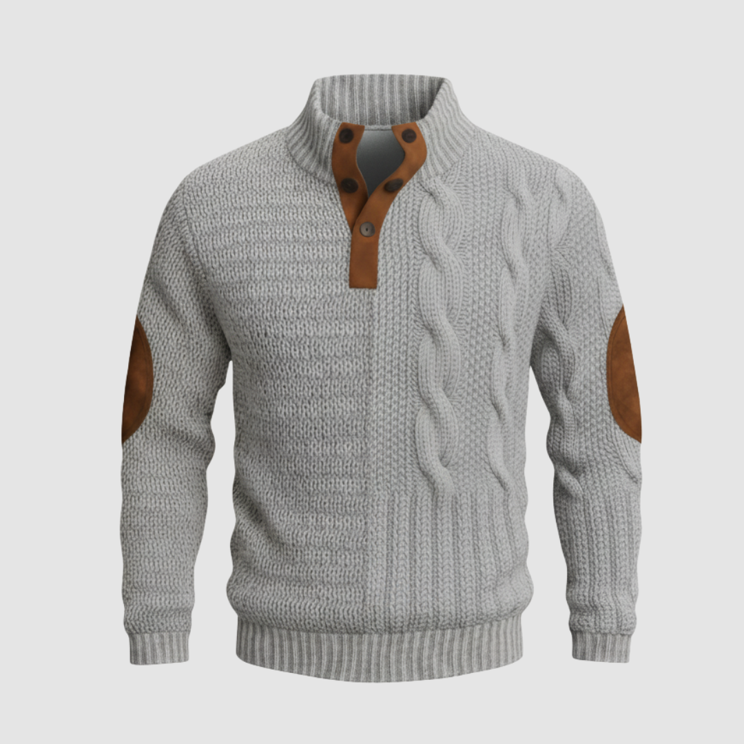 Men's cable knit high collar sweater with suede leather accents, regular fit versatile style