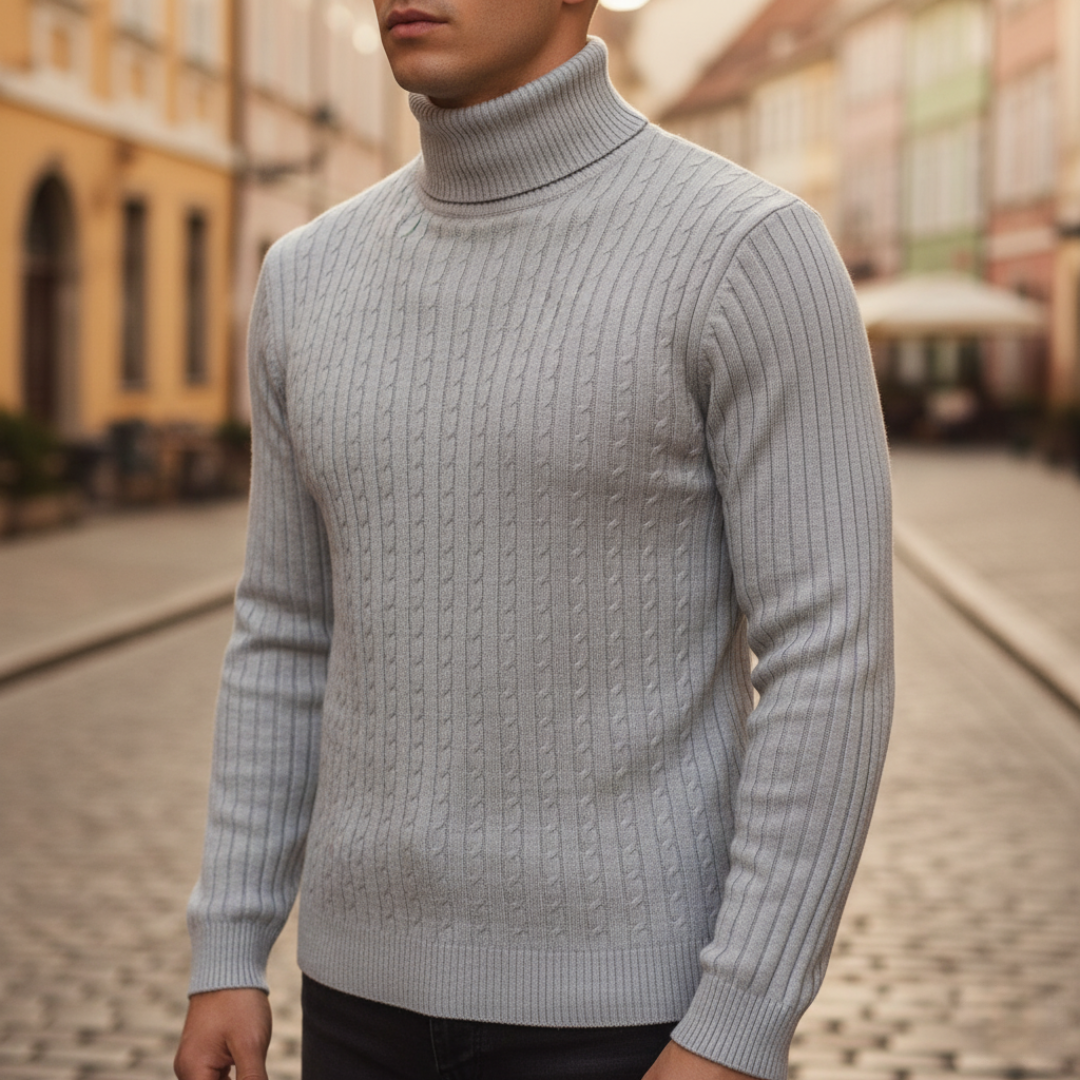 Men's cable knit turtleneck sweater slim fitted polyester blend for cold weather warmth