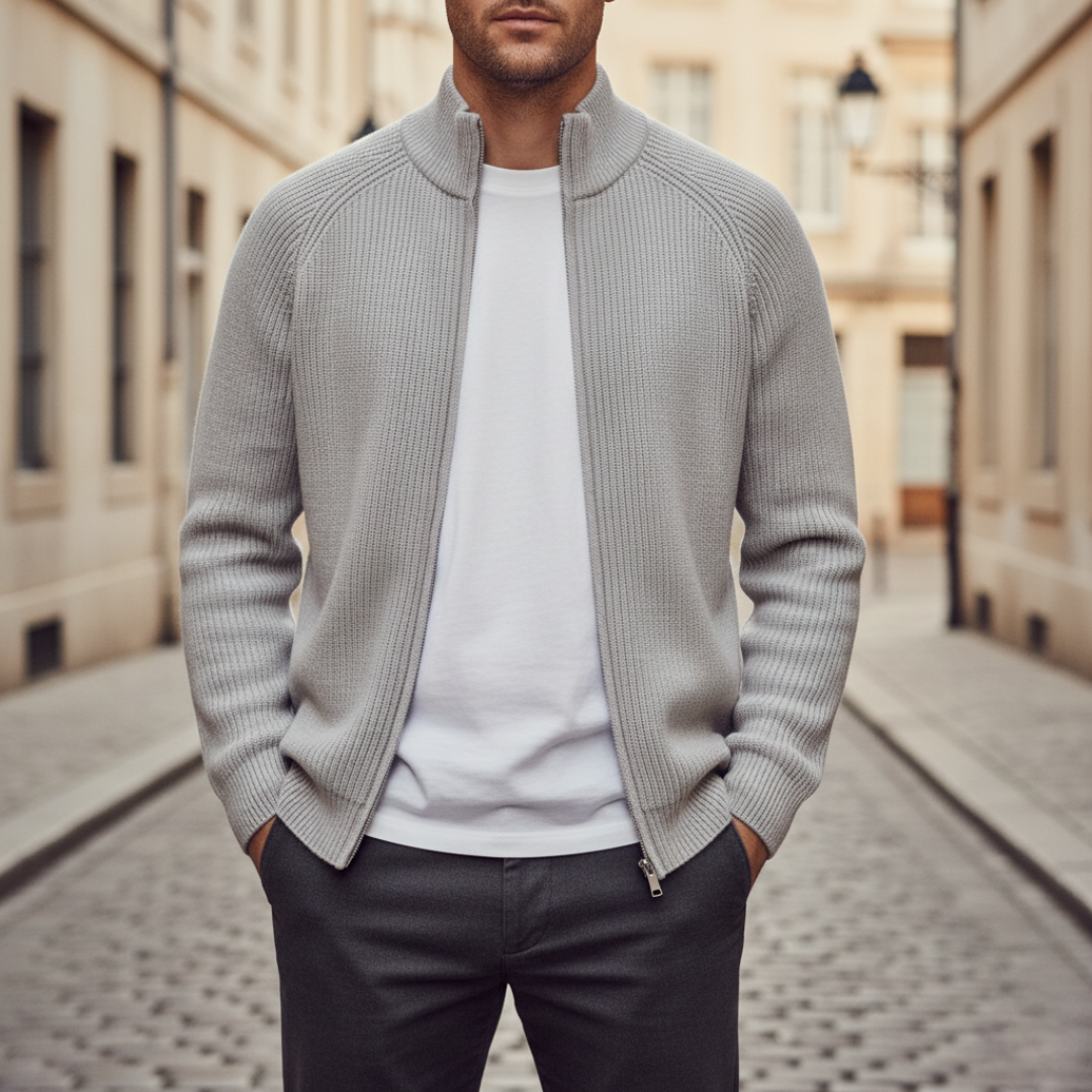 Men's full-zip cardigan in soft yarn with ribbed high collar, warm breathable everyday layering piece