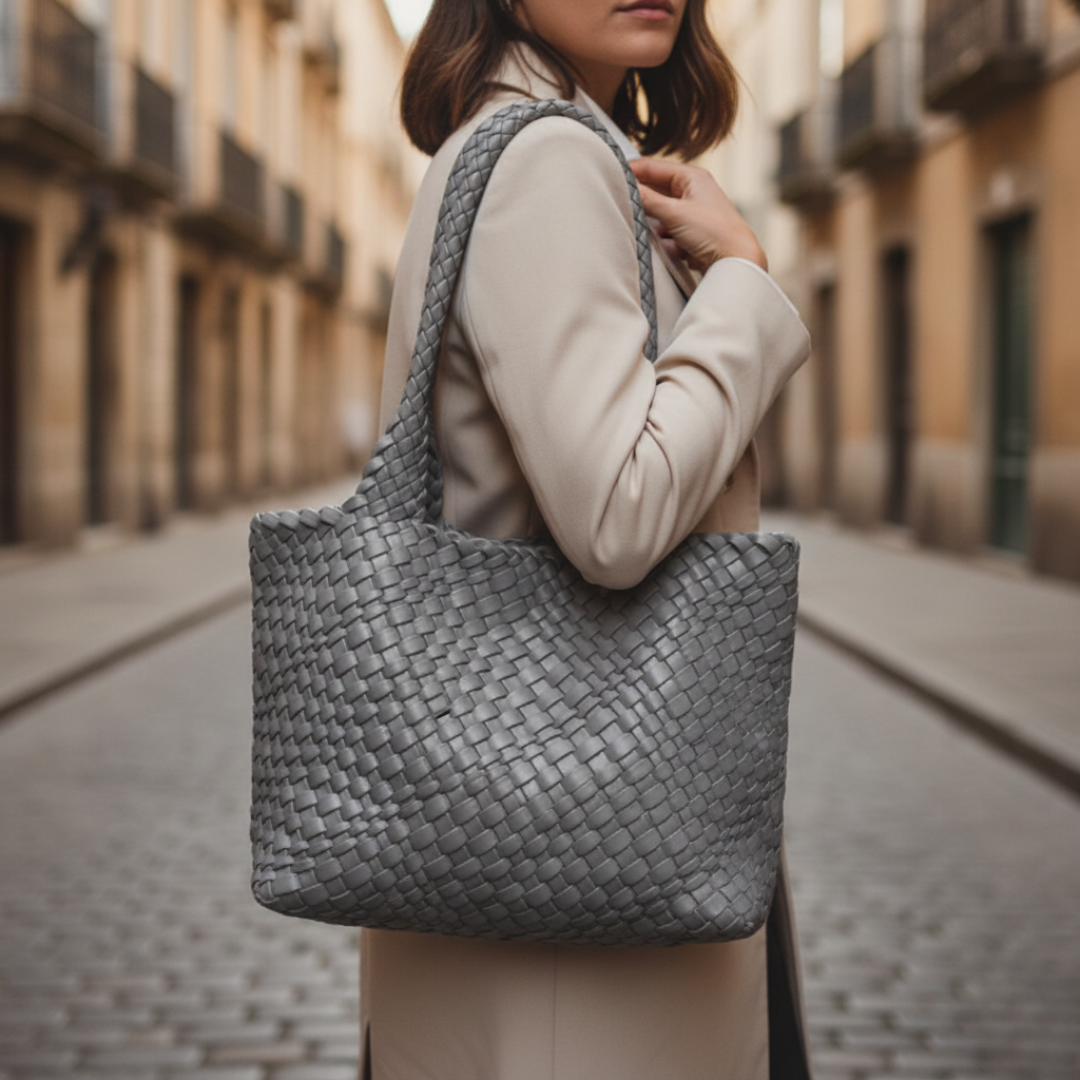 Women's black woven leather tote bag elegant spacious everyday carry with timeless structured silhouette