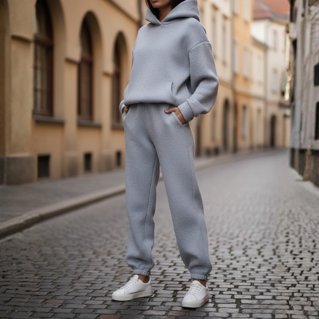 Women's hooded jumpsuit mixed fabric sporty-elegant relaxed fit coordinated set in neutral tones