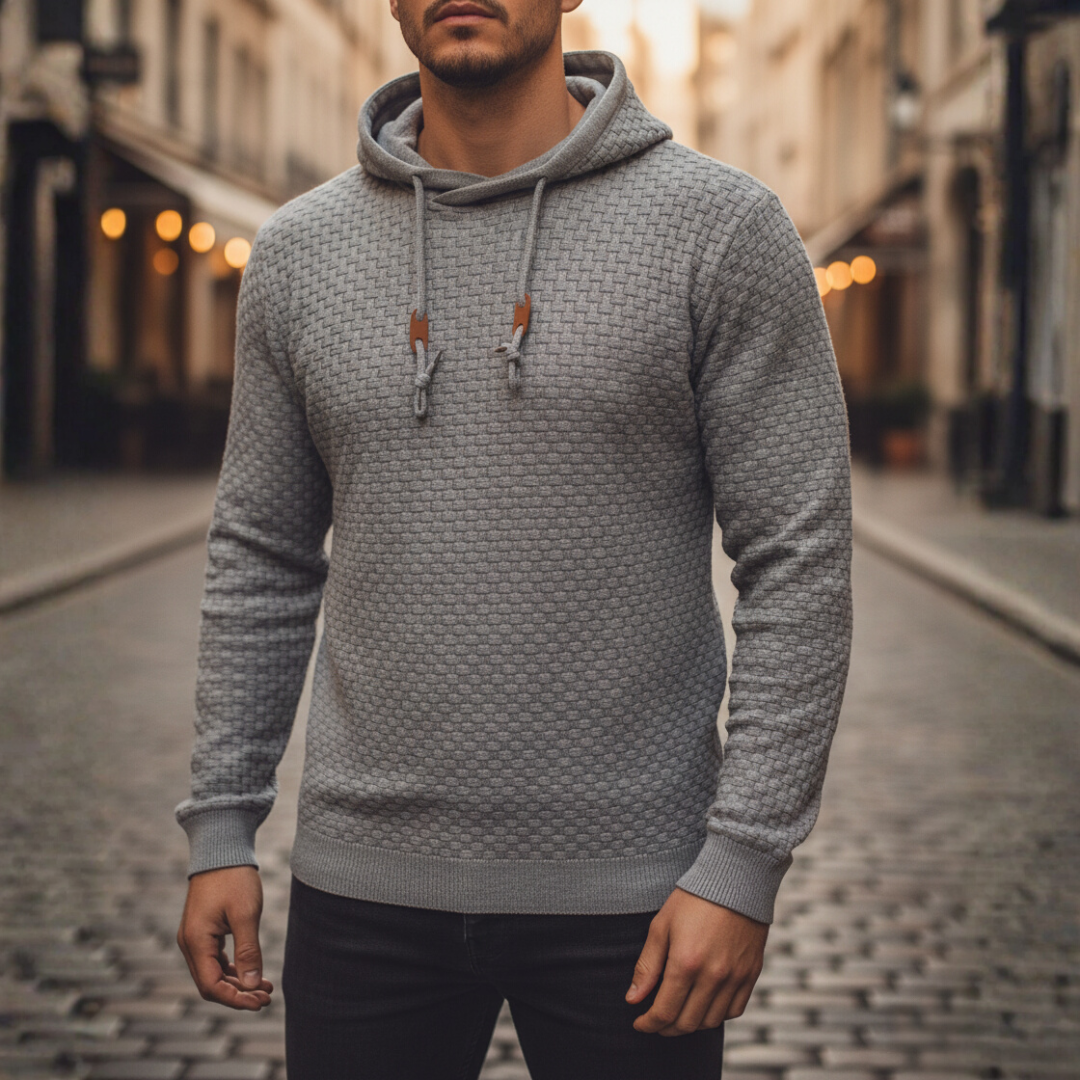 Men's beige polyester hoodie sweatshirt with adjustable hood and front kangaroo pocket, casual sporty fit
