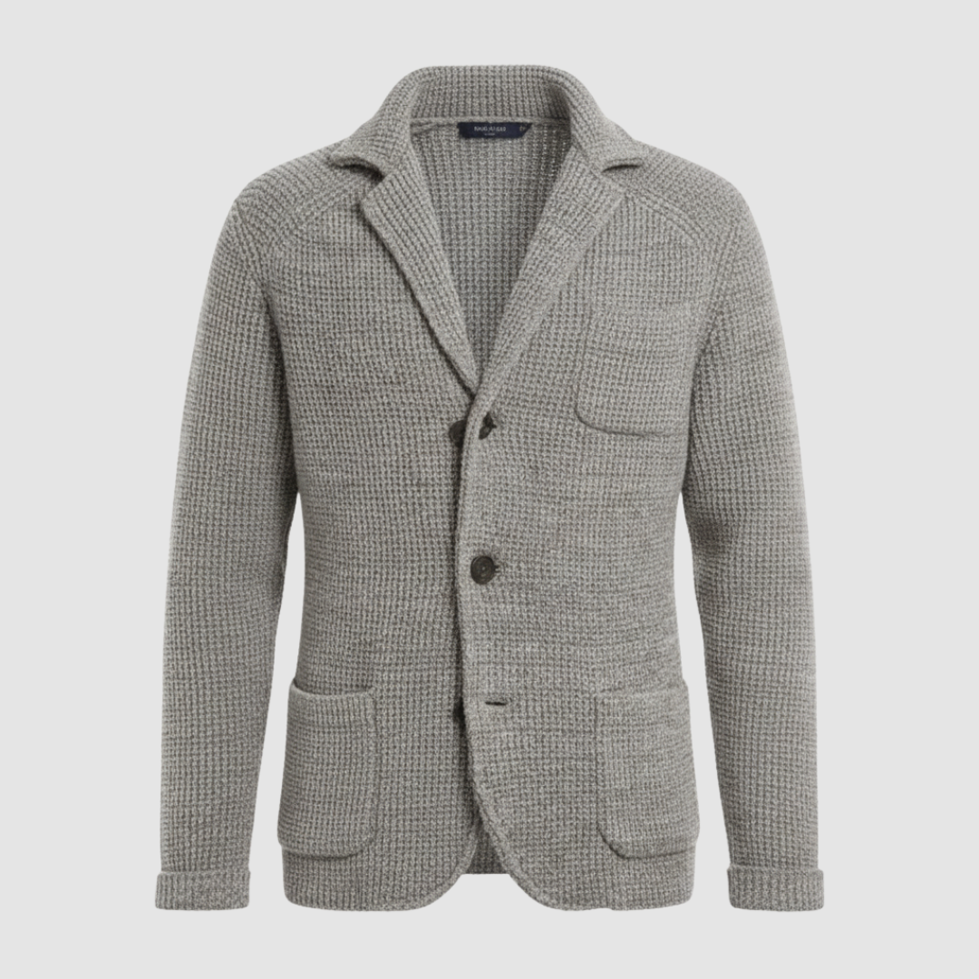 Men's honeycomb knit blazer, notched collar two-button closure, textured mid-weight knit jacket