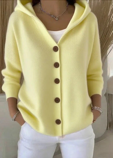 Women's hooded knit cardigan beige minimalist silhouette full button-front with wooden buttons