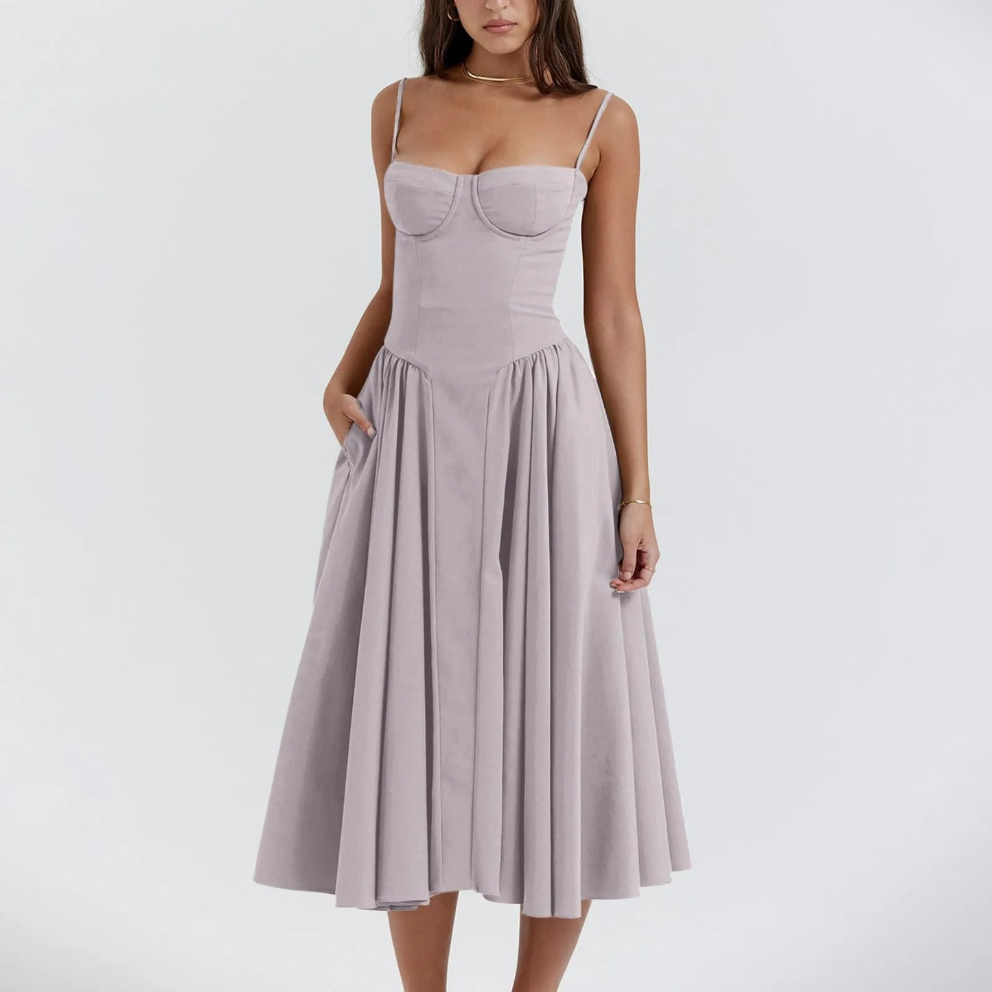 Elegant vintage corset cocktail midi dress with pleated skirt and structured bustier bodice