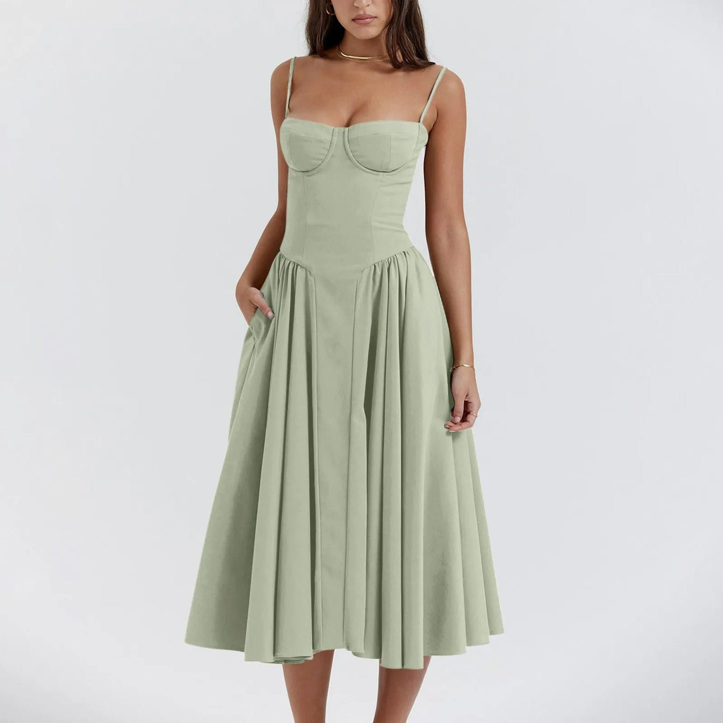 Elegant vintage corset cocktail midi dress with sculpted bustier bodice and pleated gathered skirt