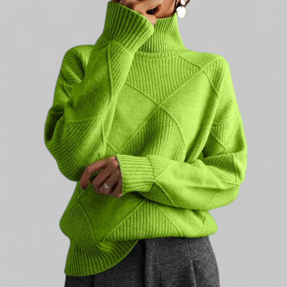 Violet women's turtleneck sweater with diamond-knit pattern, cozy winter style in bold purple